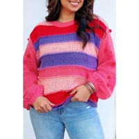 Pink Plus Size Striped Knit Pompom Puff Sleeve Sweater - 3X thumbnail