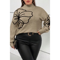 Dark Khaki Plus Size Big Flower Pattern High Neck Drop Shoulder Sweater - 4X thumbnail