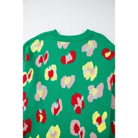 Green Plus Size Floral Knitted Ribbed Edge Drop Shoulder Sweater - 1X thumbnail