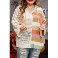 Beige Pointelle Knit Colorblock Patchwork V Neck Hooded Plus Sweater - 1X thumbnail