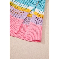 Pink Stripe Plus Size Open Knit Patch Pocket Short Sleeve Sweater - 3X thumbnail