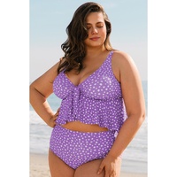 Purple Plus Size Polka Dot Print Ruffled Knotted V Neck Tankini Set - 4X thumbnail