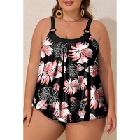Black 2pcs Plus Size Wide Strap Floral Top Tankini Set - 2X thumbnail