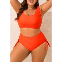 Orange Ruffled Trim Knotted High Waist Plus Size Bikini Set - 1X thumbnail