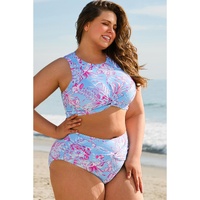 Sky Blue Plus Size Floral Print Twisted High Waist Bikini Set - 4X thumbnail