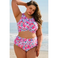 Rose Plus Size Floral Print Twisted High Waist Bikini Set - 3X thumbnail