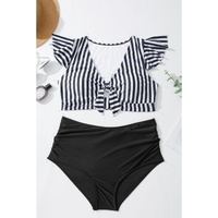 Black Stripe Plus Size Knot Cutout Ruffle Sleeve and High Waisted 2pcs Swimsuit - 1X thumbnail