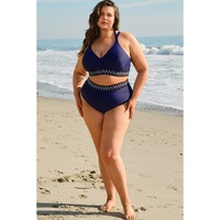 Navy Blue Embroidered Trim Wrap Tie Knot Plus Size High Waisted Bikini - 2X thumbnail