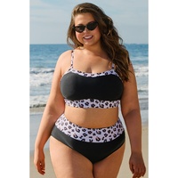 Black 2pcs Leopard Patchwork Plus Size High Waisted Swimsuit - 4X thumbnail