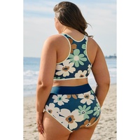 Green Floral Printed Zipped Plus Size Two Pieces Bikini - 2X thumbnail