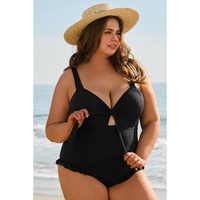 Black Plus Size Textured Knotted Ruffled Trim One Piece Swimwear - 2X thumbnail