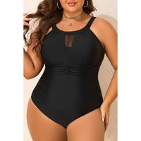 Black Halter Mesh Insert Knotted Back One Piece Plus Size Swimsuit - 1X thumbnail