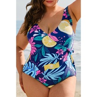 Blue Plus Size Printed V Neck Wrap Knot Ruffled One Piece Swimwear - 2X thumbnail