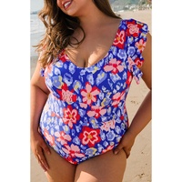 Blue Floral Print Ruffled V Neck High Waist One Piece Swimwear - 1X thumbnail