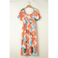 Orange Plus Size Flower Print Shirred Square Neck Maxi Dress - 2X thumbnail
