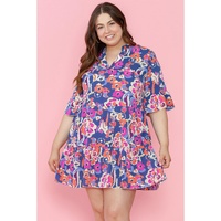 Blue Plus Size Floral Print Ruffled 3/4 Sleeve Mini Dress - 1X thumbnail