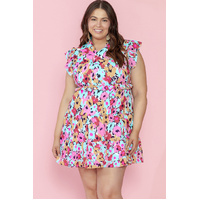 Red Floral Ruffled Cap Sleeve Plus Size Mini Dress - 2X thumbnail