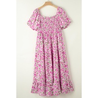Pink Plus Size Floral Print Smocked Puff Sleeve Dress - 1X thumbnail