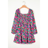 White Plus Size Floral Frilled Square Neck Shirred Long Sleeve Dress - 3X thumbnail