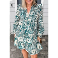 Green Floral Flounce Sleeve Split Neck Plus Size Dress - 4X thumbnail