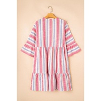 White Stripe Plus Size Embroidered Detail Flared 3/4 Sleeve V Neck Dress - 2X thumbnail