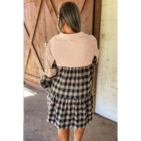 Black Plaid Waffle Knit Patchwork Collared V Neck Plus Size Mini Dress - 2X thumbnail
