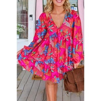 Rose Tropical Printed Lantern Sleeve V Neck Ruffled Plus Size Mini Dress - 1X thumbnail