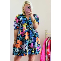 Blue Split Neck Collared Plus Floral Dress - 1X thumbnail