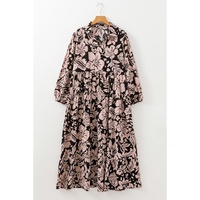 Black Plus Size Floral Printed Puff Sleeve Collared Maxi Dress - 1X thumbnail