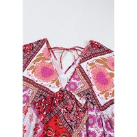 Rose Mixed Floral Long Sleeve V Neck Lace-up Hollowed Back Plus Size Dress - 3X thumbnail