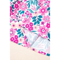 Pink Plus Size Floral Half Button Short Puff Sleeve A-line Dress - 1X thumbnail