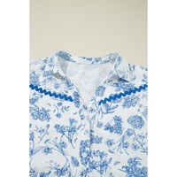 Sky Blue Floral Print Collared V Neck Ric-rac Trim Plus Size Mini Dress - 4X thumbnail
