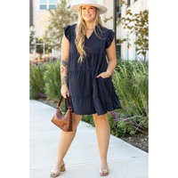 Navy Blue Collared V Neck Flutter Sleeve Tiered Plus Size Dress - 2X thumbnail