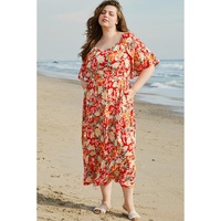 Orange Floral V Neck Flutter Sleeve Cinched Waist Long Plus Size Dress - 4X thumbnail