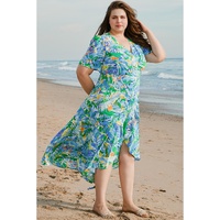 Green Leaves Print Short Sleeve Surplice Neck Ruffled Trim Plus Size Maxi Dress - 4X thumbnail