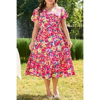 Pink Floral Print V Neck Pocketed High Waist Plus Size Midi Dress - 4X thumbnail