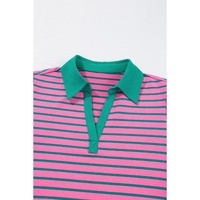 Rose Stripe Collared V Neck Puff Sleeve Shift T Shirt Dress with Pockets - 1X thumbnail
