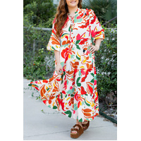 Orange Floral Print Drawstring V Neck Tiered Plus Size Dress - 1X thumbnail