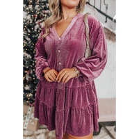 Meadow Mauve Plus Size Textured Velvet Tiered Buttons Tiered Dress - 1X thumbnail