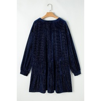 Navy Blue Plus Size Textured Velvet Tiered Button V Neck Dress - 4X thumbnail