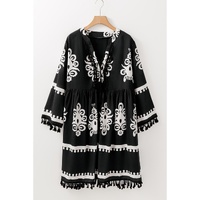 Black Plus Size Western Floral Print Fringed V Neck Dress - 1X thumbnail