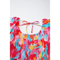 Rose Abstract Printed Puff Sleeve Square Neck Smocked Bust Tied Back Plus Size Dress - 1X thumbnail