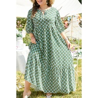 Green Geometric Floral Print Half Sleeve Plus Size Maxi Dress - 2X thumbnail