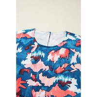 Blue Abstract Print Shirred Ruffled Short Sleeve Tiered Plus Size Mini Dress - 3X thumbnail