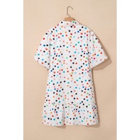 White Polka Dot Print Bubble Sleeve Button Up Plus Size Shirt Dress - 1X thumbnail
