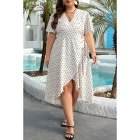 Khaki Polka Dot Surplice V Neck Tied Waist Flutter Sleeve Flowy Plus Size Midi Dress - 1X thumbnail