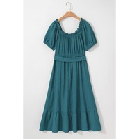Skobeloff Frilled U Neck Puff Sleeve Belted Ruffle Hem Plus Size Midi Dress - 3X thumbnail