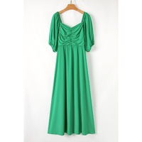 Bright Green Ruched Front Puff Sleeve Plus Size Long Dress - 2X thumbnail