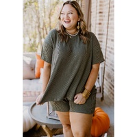 Moss Green Plus Size Rib Knit Short Sleeve Top and Shorts Set - 1X thumbnail