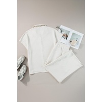 Beige Plus Size Textured Collared Top and Pants Set - 1X thumbnail